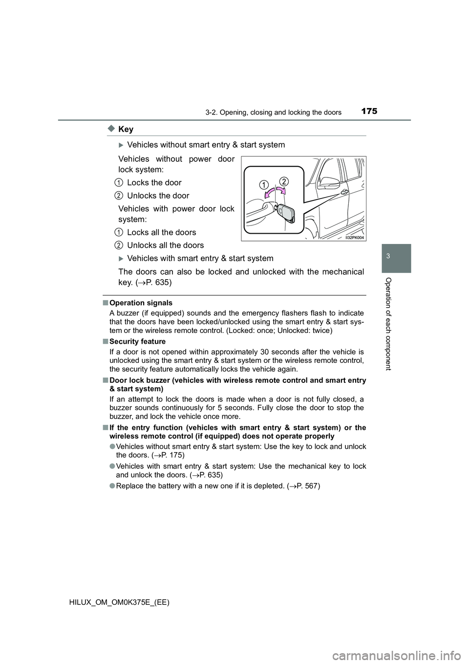 TOYOTA HILUX 2019 Owners Manual 1753-2. Opening, closing and locking the doors
3
Operation of each component
HILUX_OM_OM0K375E_(EE)
◆Key
Vehicles without smart entry & start system
Vehicles without power door
lock system:
Lo TOYOTA HILUX 2019 Owners Manual 1753-2. Opening, closing and locking the doors
3
Operation of each component
HILUX_OM_OM0K375E_(EE)
◆Key
Vehicles without smart entry & start system
Vehicles without power door
lock system:
Lo