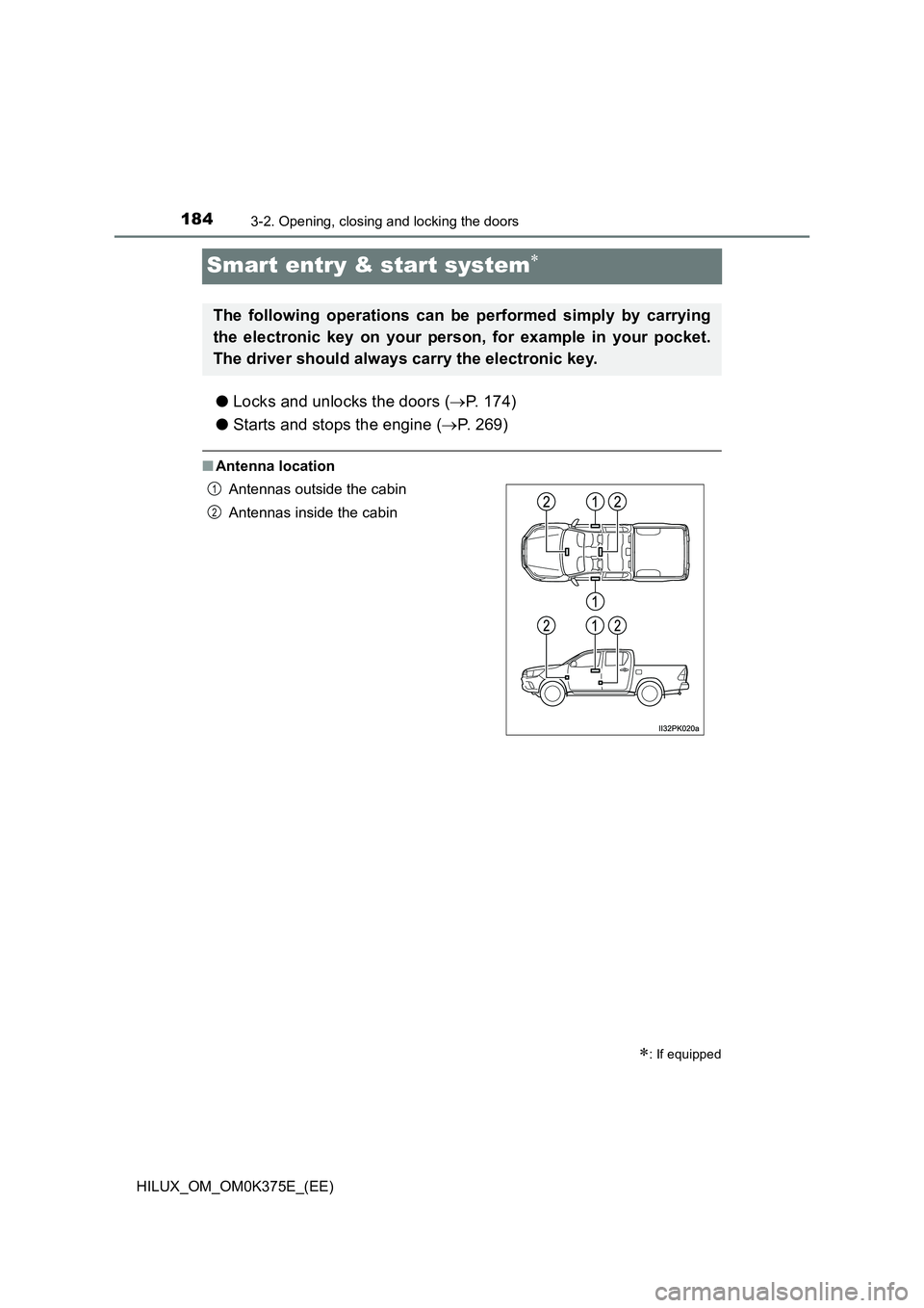 TOYOTA HILUX 2019 Owners Manual 1843-2. Opening, closing and locking the doors
HILUX_OM_OM0K375E_(EE)
Smart entry & start system
●Locks and unlocks the doors (P. 174)
● Starts and stops the engine (P. 269)
■Antenna l TOYOTA HILUX 2019 Owners Manual 1843-2. Opening, closing and locking the doors
HILUX_OM_OM0K375E_(EE)
Smart entry & start system
●Locks and unlocks the doors (P. 174)
● Starts and stops the engine (P. 269)
■Antenna l