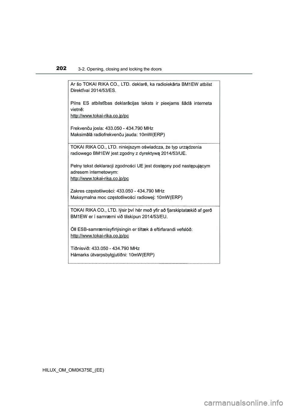 TOYOTA HILUX 2019  Owners Manual 2023-2. Opening, closing and locking the doors
HILUX_OM_OM0K375E_(EE) 