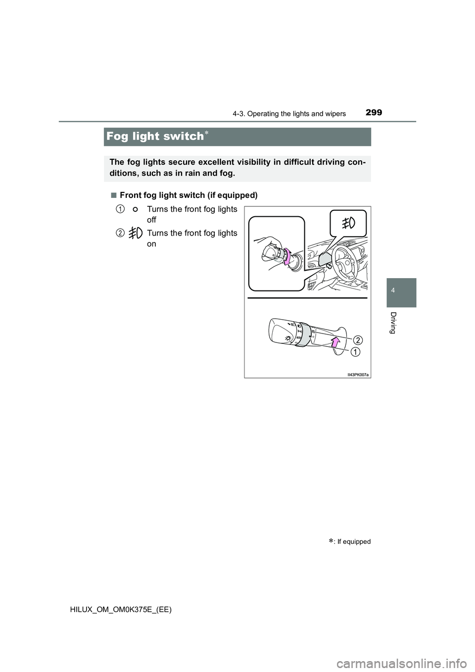 TOYOTA HILUX 2019  Owners Manual 299
4
4-3. Operating the lights and wipers
Driving
HILUX_OM_OM0K375E_(EE)
Fog light switch
■Front fog light switch (if equipped) 
Turns the front fog lights 
off 
Turns the front fog lights 
on
