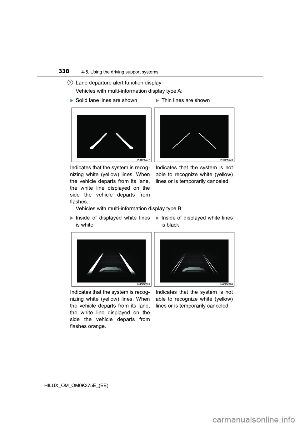 TOYOTA HILUX 2019 Owners Manual 3384-5. Using the driving support systems
HILUX_OM_OM0K375E_(EE)
Lane departure alert function display
Vehicles with multi-information display type A:
Vehicles with multi-information display type B: TOYOTA HILUX 2019 Owners Manual 3384-5. Using the driving support systems
HILUX_OM_OM0K375E_(EE)
Lane departure alert function display
Vehicles with multi-information display type A:
Vehicles with multi-information display type B:
