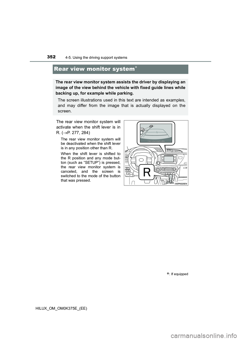 TOYOTA HILUX 2019 Owners Manual 3524-5. Using the driving support systems
HILUX_OM_OM0K375E_(EE)
Rear view monitor system
The rear view monitor system will
activate when the shift lever is in
R. ( P. 277, 284)
The rear view TOYOTA HILUX 2019 Owners Manual 3524-5. Using the driving support systems
HILUX_OM_OM0K375E_(EE)
Rear view monitor system
The rear view monitor system will
activate when the shift lever is in
R. ( P. 277, 284)
The rear view