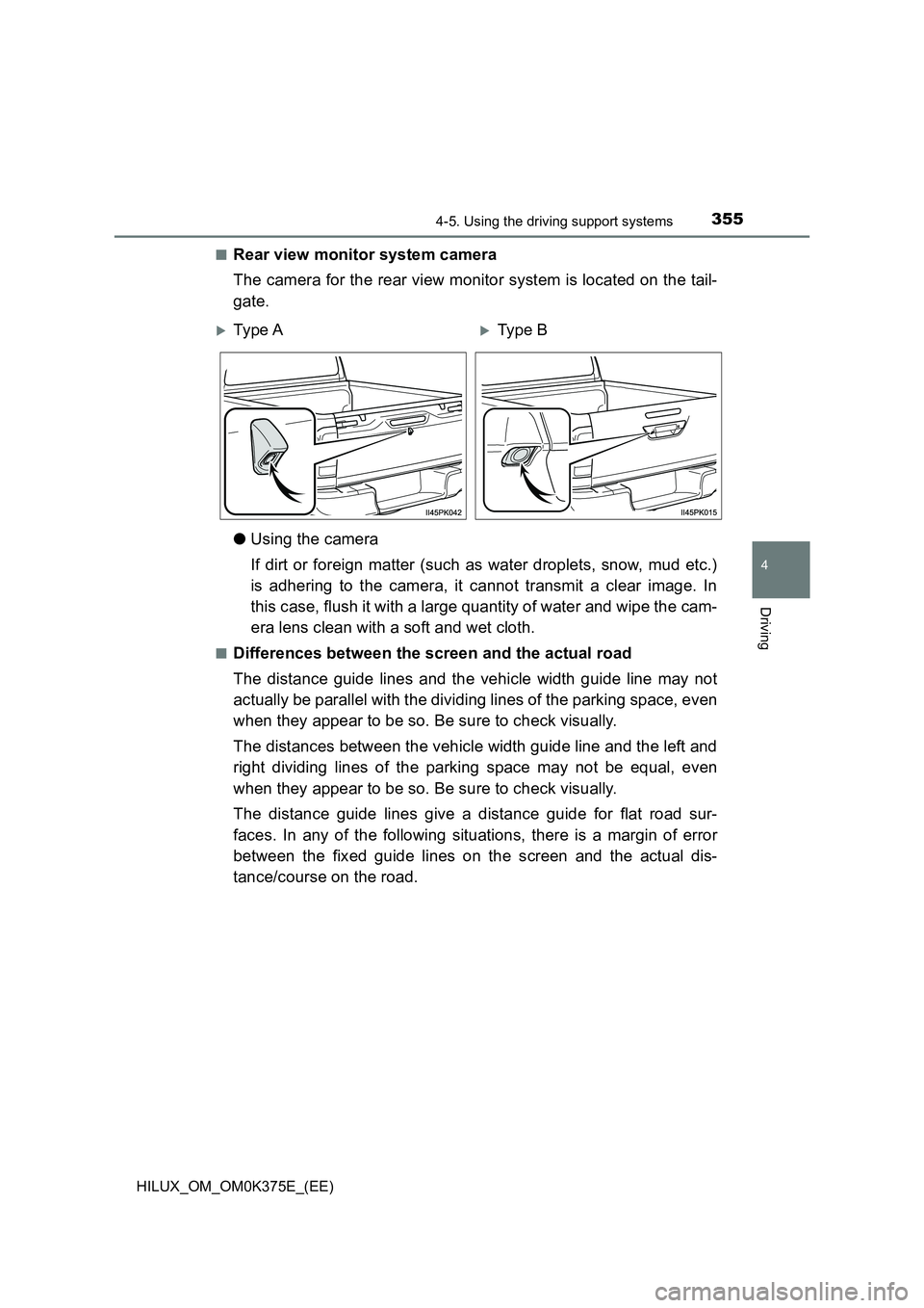 TOYOTA HILUX 2019 Owners Manual 3554-5. Using the driving support systems
4
Driving
HILUX_OM_OM0K375E_(EE)
■Rear view monitor system camera
The camera for the rear view monitor system is located on the tail-
gate.
● Using th TOYOTA HILUX 2019 Owners Manual 3554-5. Using the driving support systems
4
Driving
HILUX_OM_OM0K375E_(EE)
■Rear view monitor system camera
The camera for the rear view monitor system is located on the tail-
gate.
● Using th
