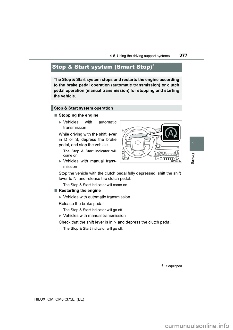 TOYOTA HILUX 2019 Owners Manual 377
4
4-5. Using the driving support systems
Driving
HILUX_OM_OM0K375E_(EE)
Stop & Start system (Smart Stop)
■Stopping the engine
Vehicles with automatic
transmission
While driving with the TOYOTA HILUX 2019 Owners Manual 377
4
4-5. Using the driving support systems
Driving
HILUX_OM_OM0K375E_(EE)
Stop & Start system (Smart Stop)
■Stopping the engine
Vehicles with automatic
transmission
While driving with the
