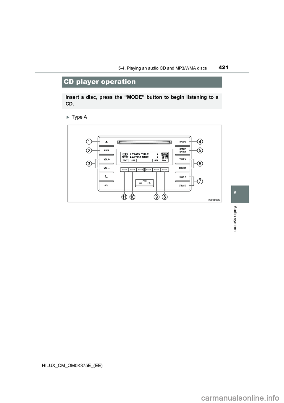 TOYOTA HILUX 2019 Owners Manual 421
5
5-4. Playing an audio CD and MP3/WMA discs
Audio system
HILUX_OM_OM0K375E_(EE)
CD player operation
Ty pe A
Insert a disc, press the “MODE” button to begin listening to a
CD. TOYOTA HILUX 2019 Owners Manual 421
5
5-4. Playing an audio CD and MP3/WMA discs
Audio system
HILUX_OM_OM0K375E_(EE)
CD player operation
Ty pe A
Insert a disc, press the “MODE” button to begin listening to a
CD.