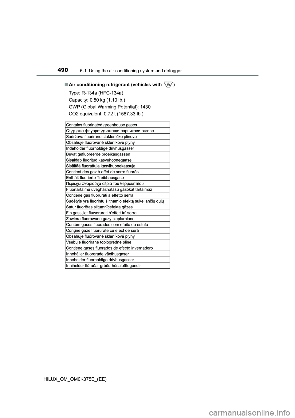 TOYOTA HILUX 2019 Owners Manual 4906-1. Using the air conditioning system and defogger
HILUX_OM_OM0K375E_(EE)
■ Air conditioning refrigerant (vehicles with )
Type: R-134a (HFC-134a)
Capacity: 0.50 kg (1.10 lb.)
GWP (Global Wa TOYOTA HILUX 2019 Owners Manual 4906-1. Using the air conditioning system and defogger
HILUX_OM_OM0K375E_(EE)
■ Air conditioning refrigerant (vehicles with )
Type: R-134a (HFC-134a)
Capacity: 0.50 kg (1.10 lb.)
GWP (Global Wa