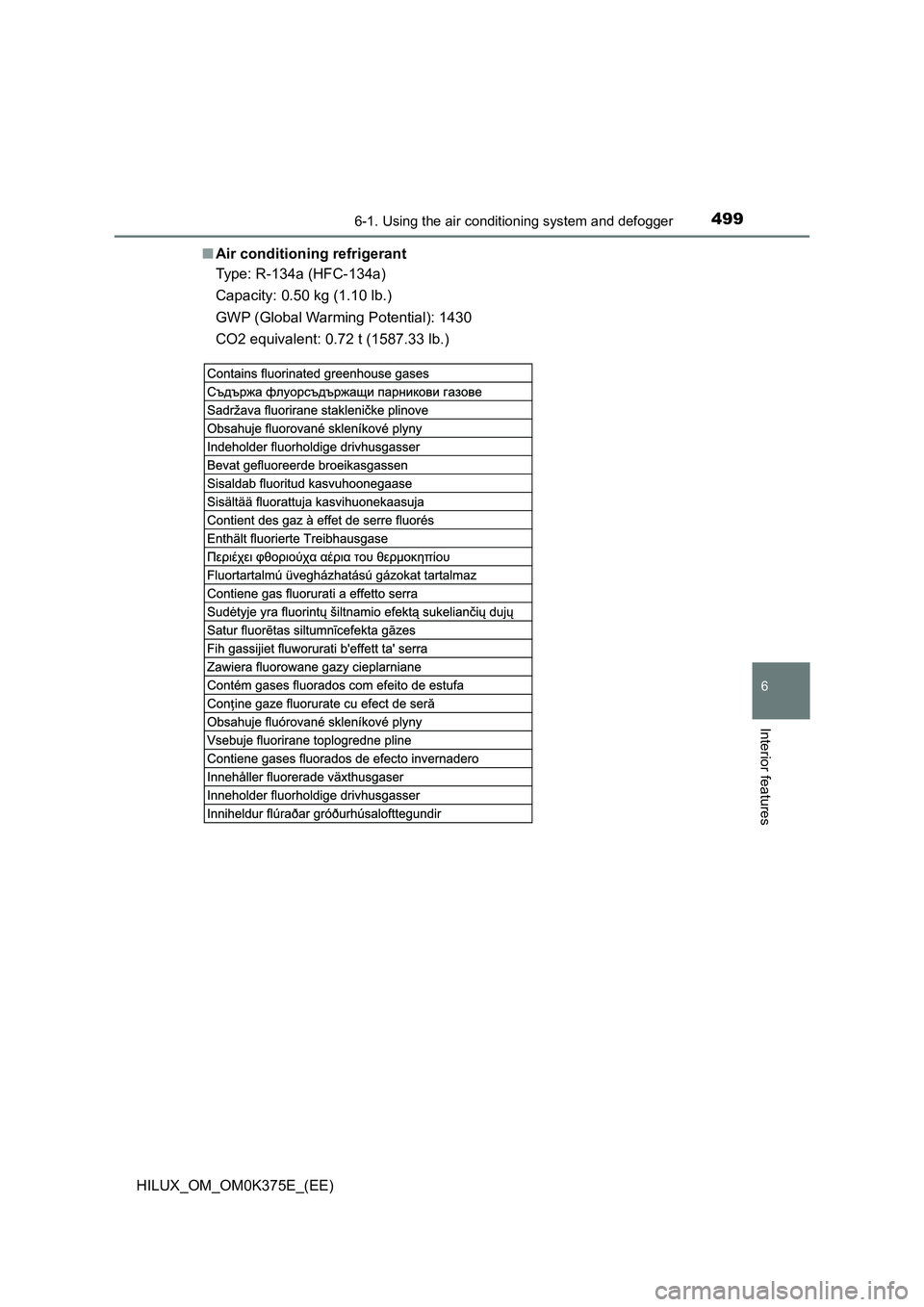 TOYOTA HILUX 2019 Owners Manual 4996-1. Using the air conditioning system and defogger
6
Interior features
HILUX_OM_OM0K375E_(EE)
■ Air conditioning refrigerant
Type: R-134a (HFC-134a)
Capacity: 0.50 kg (1.10 lb.)
GWP (Global W TOYOTA HILUX 2019 Owners Manual 4996-1. Using the air conditioning system and defogger
6
Interior features
HILUX_OM_OM0K375E_(EE)
■ Air conditioning refrigerant
Type: R-134a (HFC-134a)
Capacity: 0.50 kg (1.10 lb.)
GWP (Global W