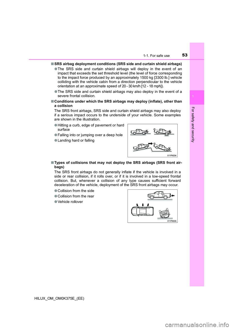 TOYOTA HILUX 2019 Workshop Manual 531-1. For safe use
1
HILUX_OM_OM0K375E_(EE)
For safety and security
■SRS airbag deployment conditions (SRS side and curtain shield airbags)
● The SRS side and curtain shield airbags will deploy TOYOTA HILUX 2019 Workshop Manual 531-1. For safe use
1
HILUX_OM_OM0K375E_(EE)
For safety and security
■SRS airbag deployment conditions (SRS side and curtain shield airbags)
● The SRS side and curtain shield airbags will deploy