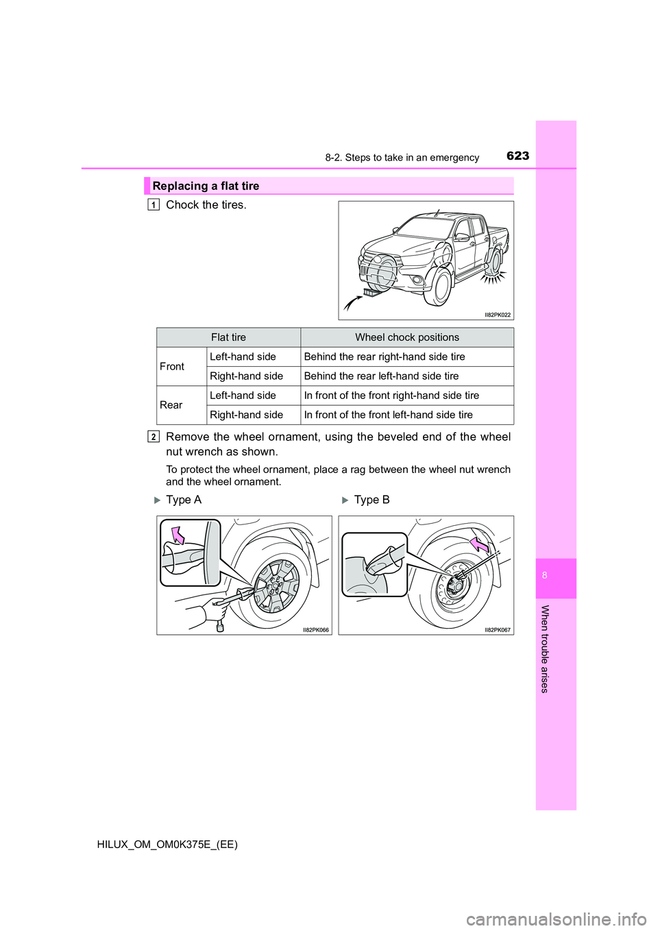TOYOTA HILUX 2019  Owners Manual 6238-2. Steps to take in an emergency
HILUX_OM_OM0K375E_(EE)
8
When trouble arises
Chock the tires. 
Remove the wheel ornament, using the beveled end of the wheel 
nut wrench as shown.
To protect the 