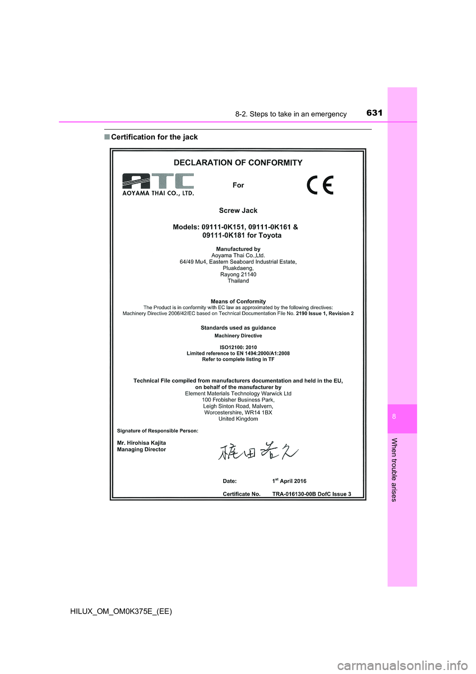 TOYOTA HILUX 2019 Owners Manual 6318-2. Steps to take in an emergency
HILUX_OM_OM0K375E_(EE)
8
When trouble arises
■Certification for the jack TOYOTA HILUX 2019 Owners Manual 6318-2. Steps to take in an emergency
HILUX_OM_OM0K375E_(EE)
8
When trouble arises
■Certification for the jack