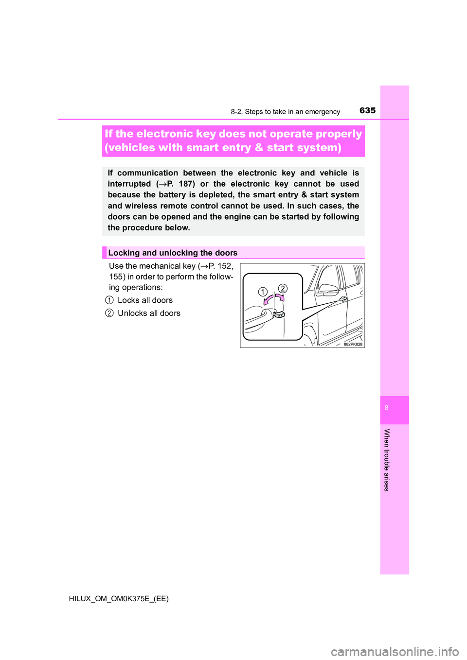 TOYOTA HILUX 2019 Owners Manual 6358-2. Steps to take in an emergency
HILUX_OM_OM0K375E_(EE)
8
When trouble arises
If the electronic key does not operate properly
(vehicles with smart entry & start system)
Use the mechanical key TOYOTA HILUX 2019 Owners Manual 6358-2. Steps to take in an emergency
HILUX_OM_OM0K375E_(EE)
8
When trouble arises
If the electronic key does not operate properly
(vehicles with smart entry & start system)
Use the mechanical key