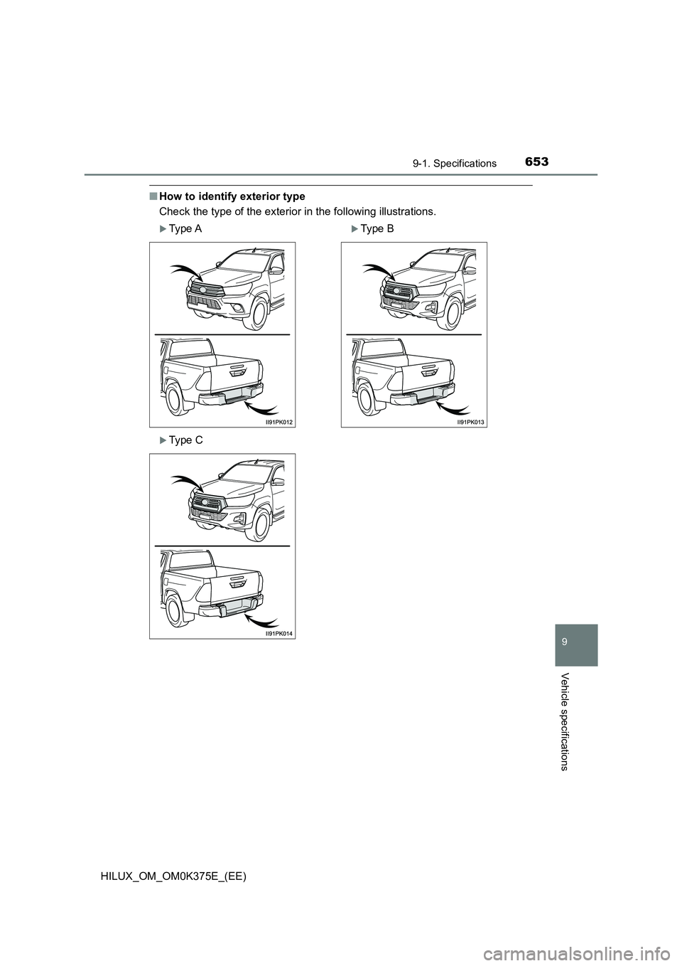 TOYOTA HILUX 2019  Owners Manual 653
9
9-1. Specifications
Vehicle specifications
HILUX_OM_OM0K375E_(EE)
■How to identify exterior type 
Check the type of the exterior in the following illustrations.
Type AType B
Type C 