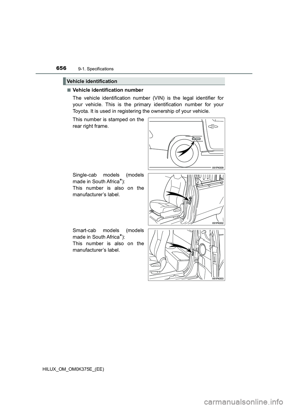 TOYOTA HILUX 2019  Owners Manual 6569-1. Specifications
HILUX_OM_OM0K375E_(EE) 
■Vehicle identification number 
The vehicle identification number (VIN) is the legal identifier for 
your vehicle. This is the primary identification n