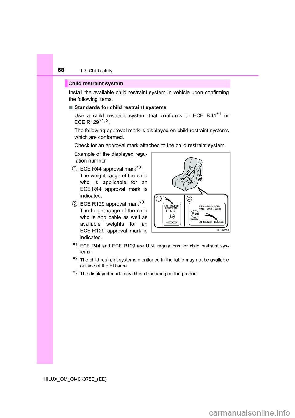 TOYOTA HILUX 2019 Repair Manual 681-2. Child safety
HILUX_OM_OM0K375E_(EE)
Install the available child restraint system in vehicle upon confirming
the following items.
■Standards for child restraint systems
Use a child restraint TOYOTA HILUX 2019 Repair Manual 681-2. Child safety
HILUX_OM_OM0K375E_(EE)
Install the available child restraint system in vehicle upon confirming
the following items.
■Standards for child restraint systems
Use a child restraint
