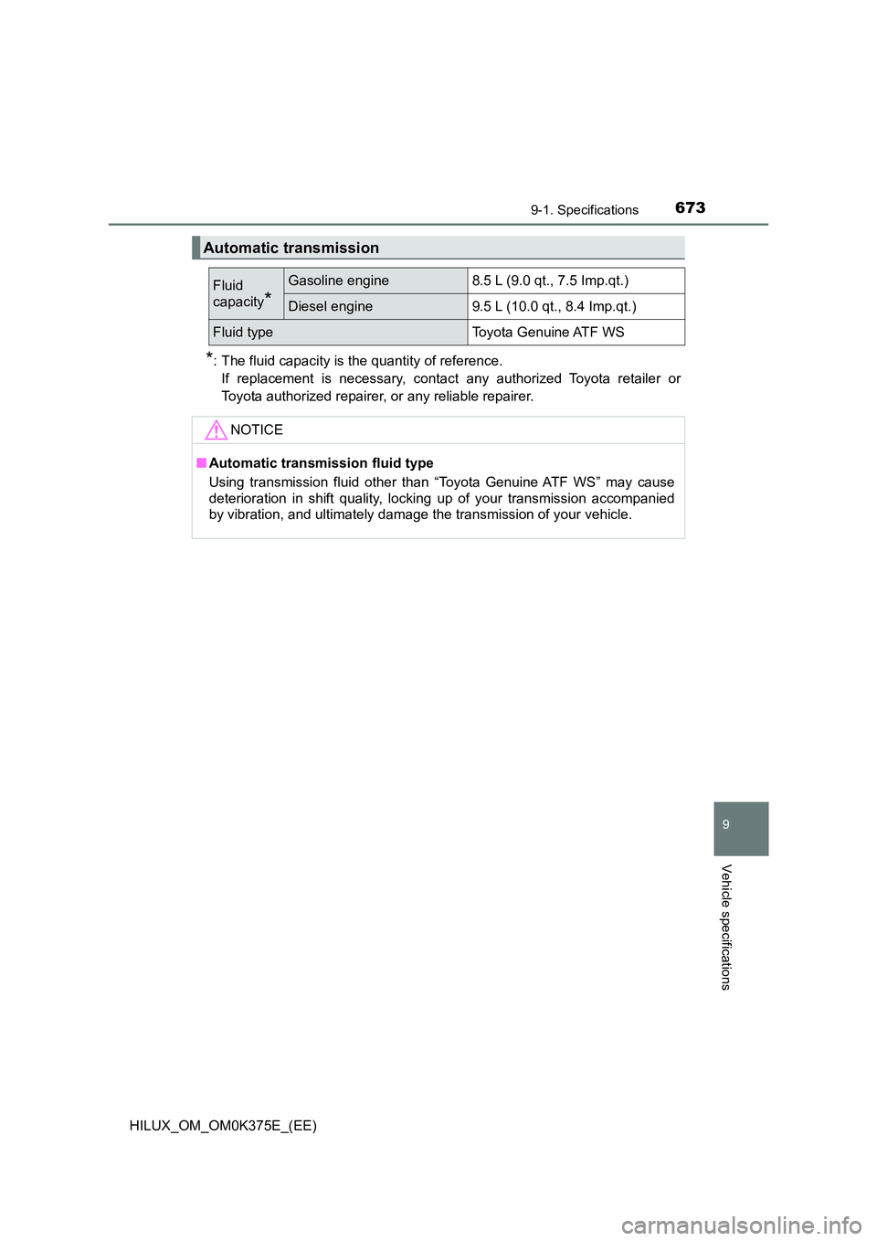 TOYOTA HILUX 2019 Owners Manual 673
9
9-1. Specifications
Vehicle specifications
HILUX_OM_OM0K375E_(EE)
*: The fluid capacity is the quantity of reference.
If replacement is necessary, contact any authorized Toyota retailer or
Toyo TOYOTA HILUX 2019 Owners Manual 673
9
9-1. Specifications
Vehicle specifications
HILUX_OM_OM0K375E_(EE)
*: The fluid capacity is the quantity of reference.
If replacement is necessary, contact any authorized Toyota retailer or
Toyo