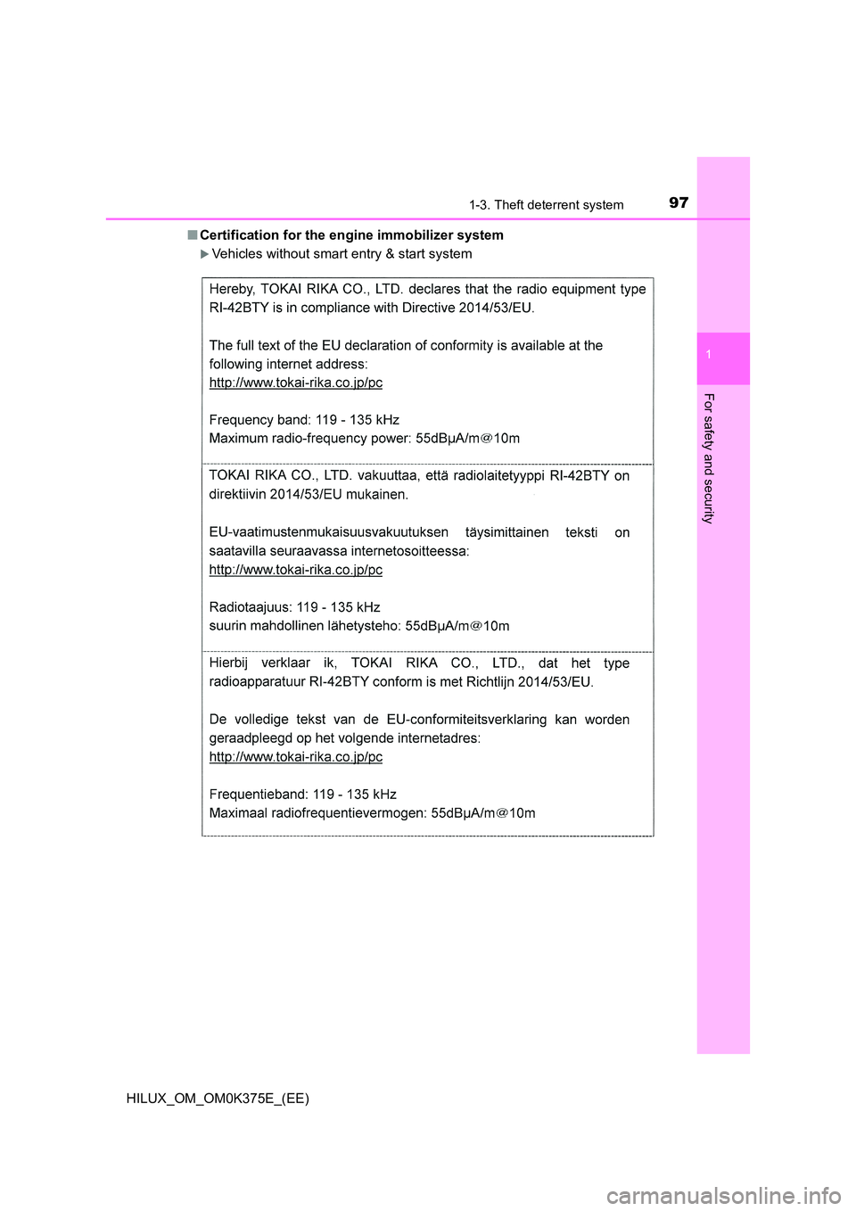 TOYOTA HILUX 2019  Owners Manual 971-3. Theft deterrent system
1
HILUX_OM_OM0K375E_(EE)
For safety and security
■Certification for the engine immobilizer system
Vehicles without smart entry & start system 