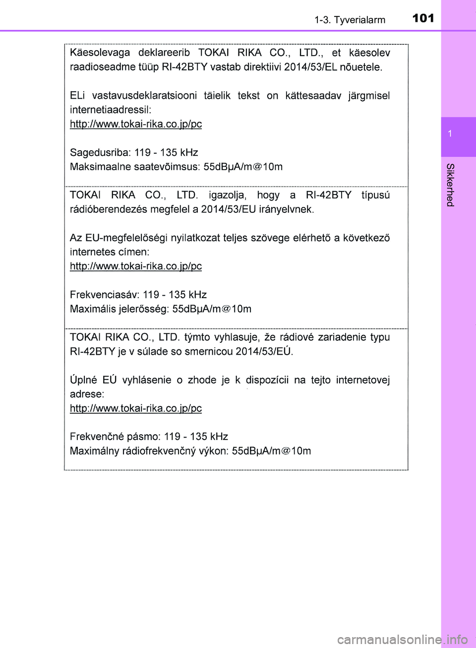 TOYOTA HILUX 2019 Brugsanvisning (in Danish) 1011-3. Tyverialarm
1
Hilux OM0K375DK
Sikkerhed
OM0K375DK.book Page 101 Monday, June 11, 2018 3:23 PM TOYOTA HILUX 2019 Brugsanvisning (in Danish) 1011-3. Tyverialarm
1
Hilux OM0K375DK
Sikkerhed
OM0K375DK.book Page 101 Monday, June 11, 2018 3:23 PM