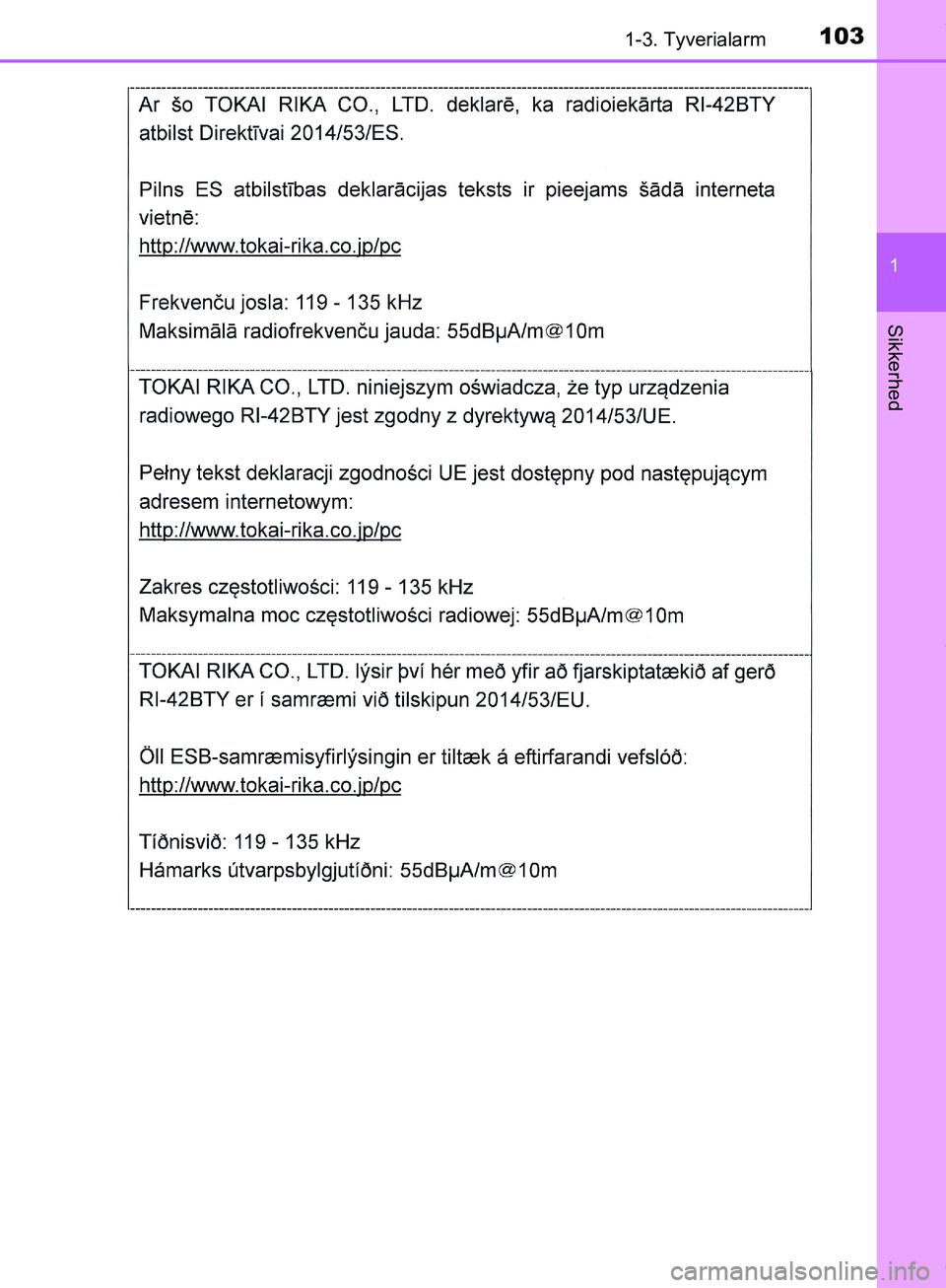 TOYOTA HILUX 2019 Brugsanvisning (in Danish) 1031-3. Tyverialarm
1
Hilux OM0K375DK
Sikkerhed
OM0K375DK.book Page 103 Monday, June 11, 2018 3:23 PM TOYOTA HILUX 2019 Brugsanvisning (in Danish) 1031-3. Tyverialarm
1
Hilux OM0K375DK
Sikkerhed
OM0K375DK.book Page 103 Monday, June 11, 2018 3:23 PM