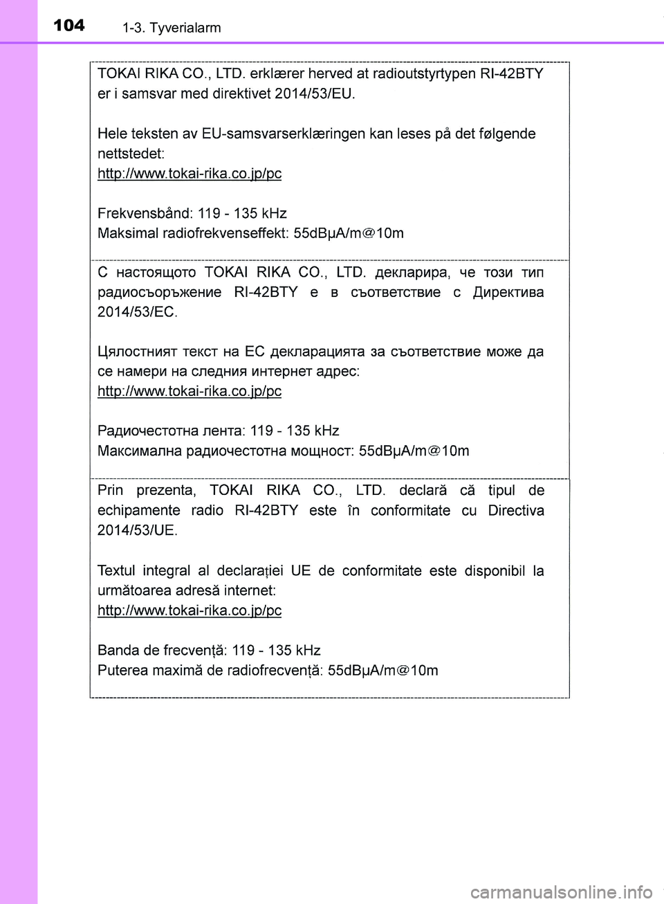 TOYOTA HILUX 2019 Brugsanvisning (in Danish) 1041-3. Tyverialarm
Hilux OM0K375DK
OM0K375DK.book Page 104 Monday, June 11, 2018 3:23 PM TOYOTA HILUX 2019 Brugsanvisning (in Danish) 1041-3. Tyverialarm
Hilux OM0K375DK
OM0K375DK.book Page 104 Monday, June 11, 2018 3:23 PM