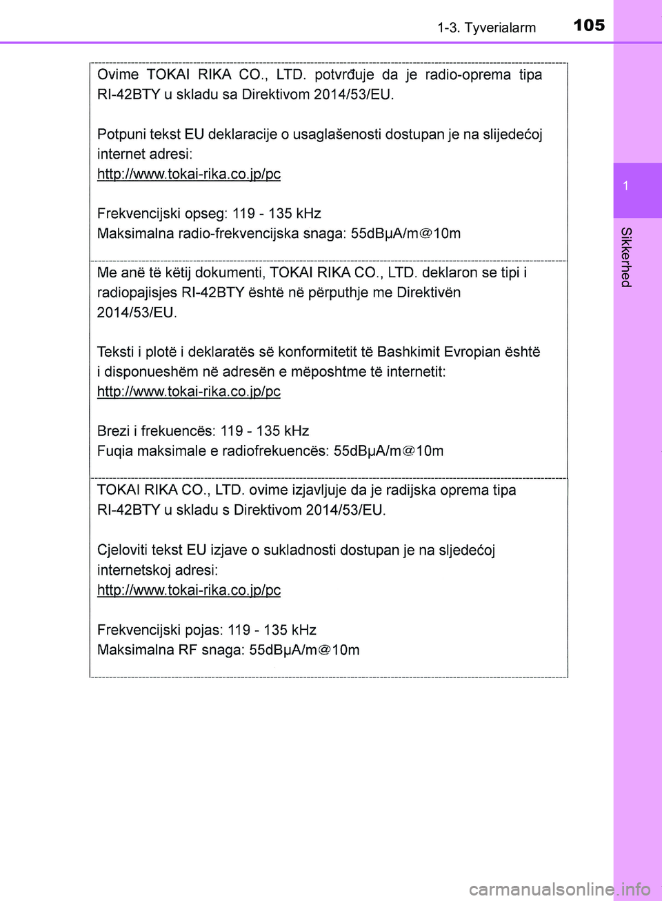 TOYOTA HILUX 2019 Brugsanvisning (in Danish) 1051-3. Tyverialarm
1
Hilux OM0K375DK
Sikkerhed
OM0K375DK.book Page 105 Monday, June 11, 2018 3:23 PM TOYOTA HILUX 2019 Brugsanvisning (in Danish) 1051-3. Tyverialarm
1
Hilux OM0K375DK
Sikkerhed
OM0K375DK.book Page 105 Monday, June 11, 2018 3:23 PM