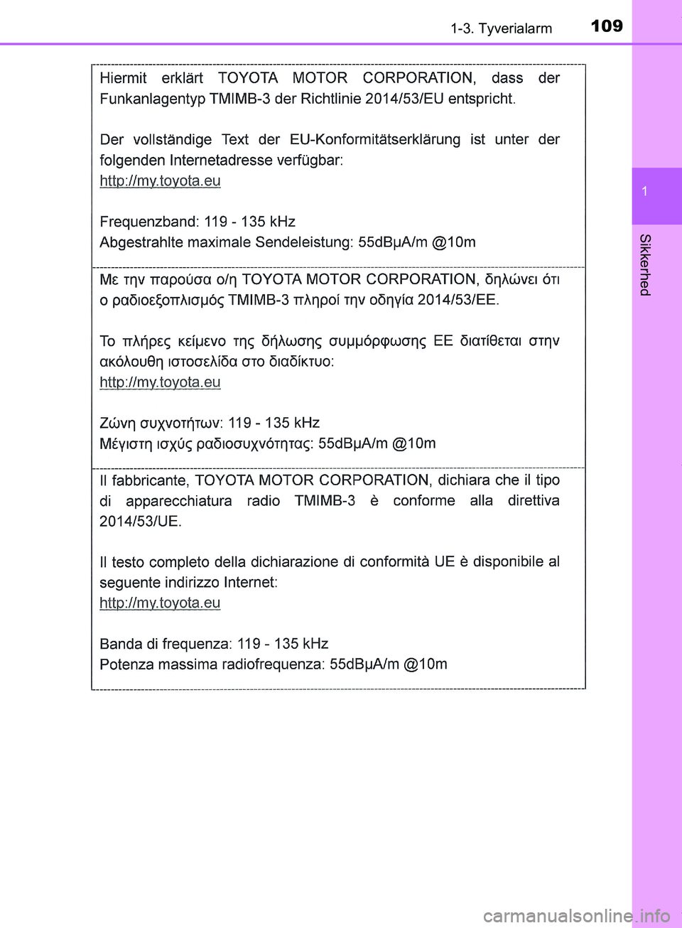 TOYOTA HILUX 2019 Brugsanvisning (in Danish) 1091-3. Tyverialarm
1
Hilux OM0K375DK
Sikkerhed
OM0K375DK.book Page 109 Monday, June 11, 2018 3:23 PM TOYOTA HILUX 2019 Brugsanvisning (in Danish) 1091-3. Tyverialarm
1
Hilux OM0K375DK
Sikkerhed
OM0K375DK.book Page 109 Monday, June 11, 2018 3:23 PM