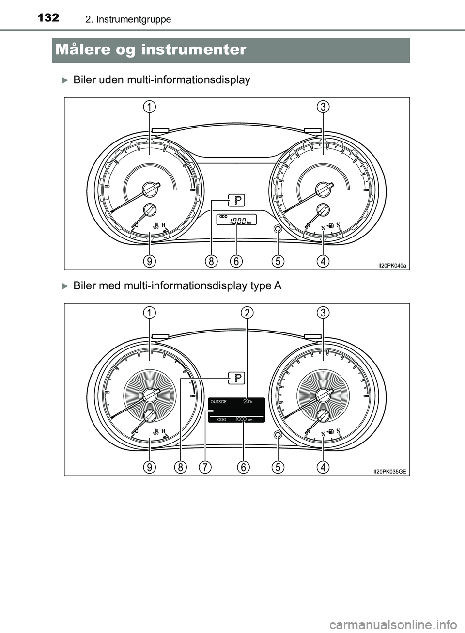 TOYOTA HILUX 2019  Brugsanvisning (in Danish) 1322. Instrumentgruppe
Hilux OM0K375DK
Målere og instrumenter
Biler uden multi-informationsdisplay
Biler med multi-informationsdisplay  type A
OM0K375DK.book  Page 132  Monday, June 11, 2018  3