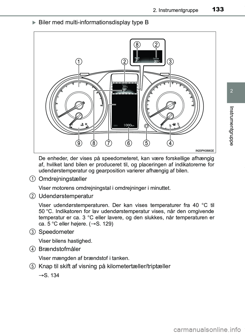 TOYOTA HILUX 2019  Brugsanvisning (in Danish) 1332. Instrumentgruppe
2
Instrumentgruppe
Hilux OM0K375DK
Biler med multi-informationsdisplay type B
De enheder, der vises på speedometeret, kan være forskellige afhængig
af, hvilket land bilen 