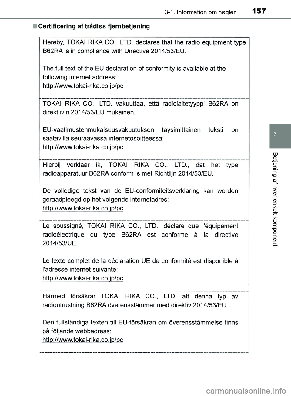 TOYOTA HILUX 2019  Brugsanvisning (in Danish) 1573-1. Information om nøgler
3
Betjening af hver enkelt komponent
Hilux OM0K375DKn
Certificering af trådløs fjernbetjening
OM0K375DK.book  Page 157  Monday, June 11, 2018  3:23 PM 