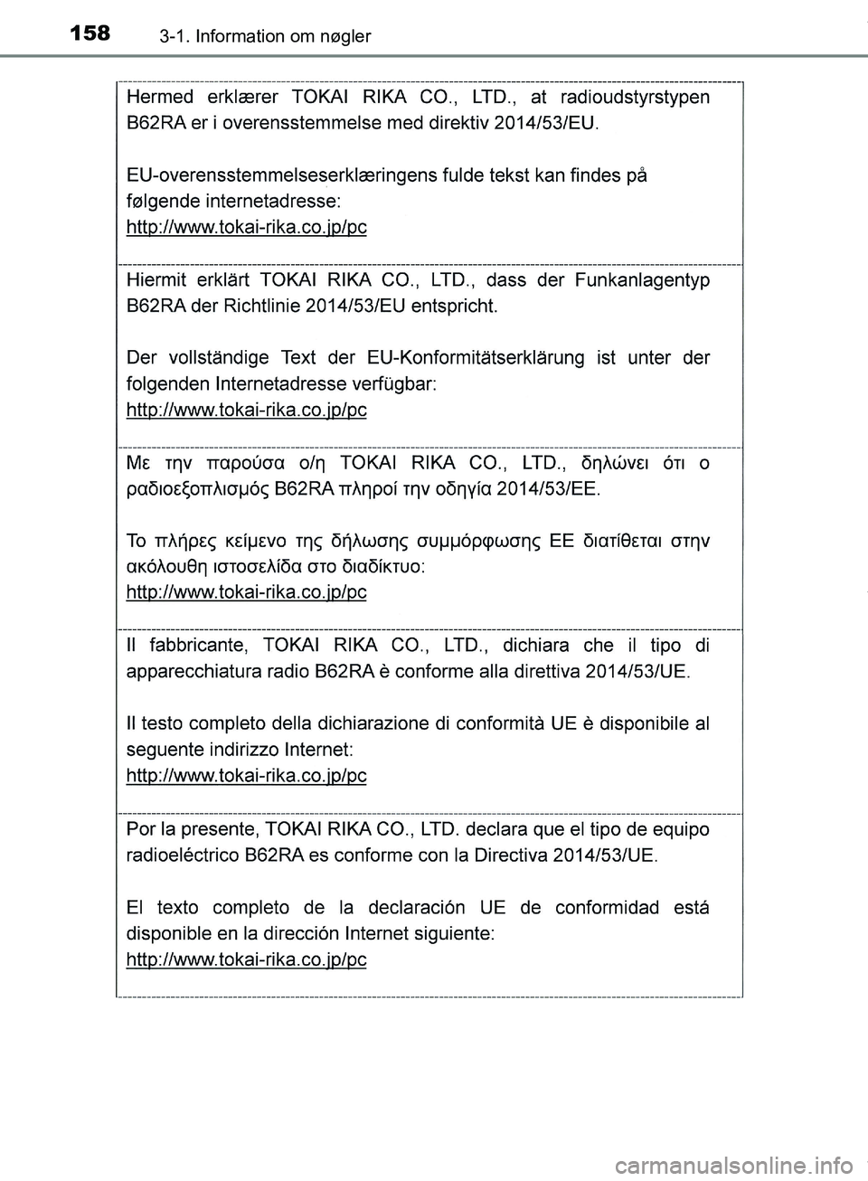TOYOTA HILUX 2019  Brugsanvisning (in Danish) 1583-1. Information om nøgler
Hilux OM0K375DK
OM0K375DK.book  Page 158  Monday, June 11, 2018  3:23 PM 