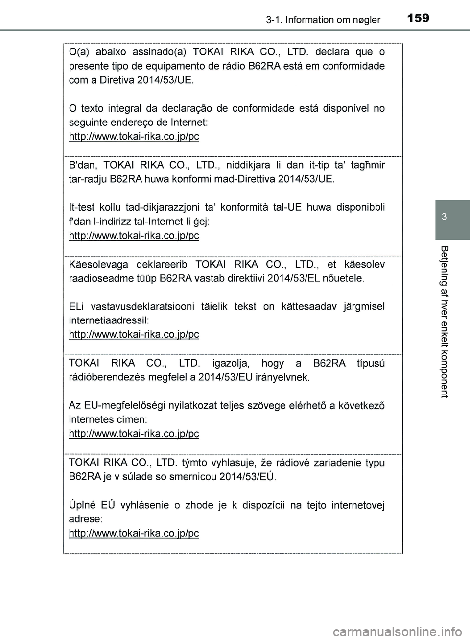 TOYOTA HILUX 2019  Brugsanvisning (in Danish) 1593-1. Information om nøgler
3
Betjening af hver enkelt komponent
Hilux OM0K375DK
OM0K375DK.book  Page 159  Monday, June 11, 2018  3:23 PM 