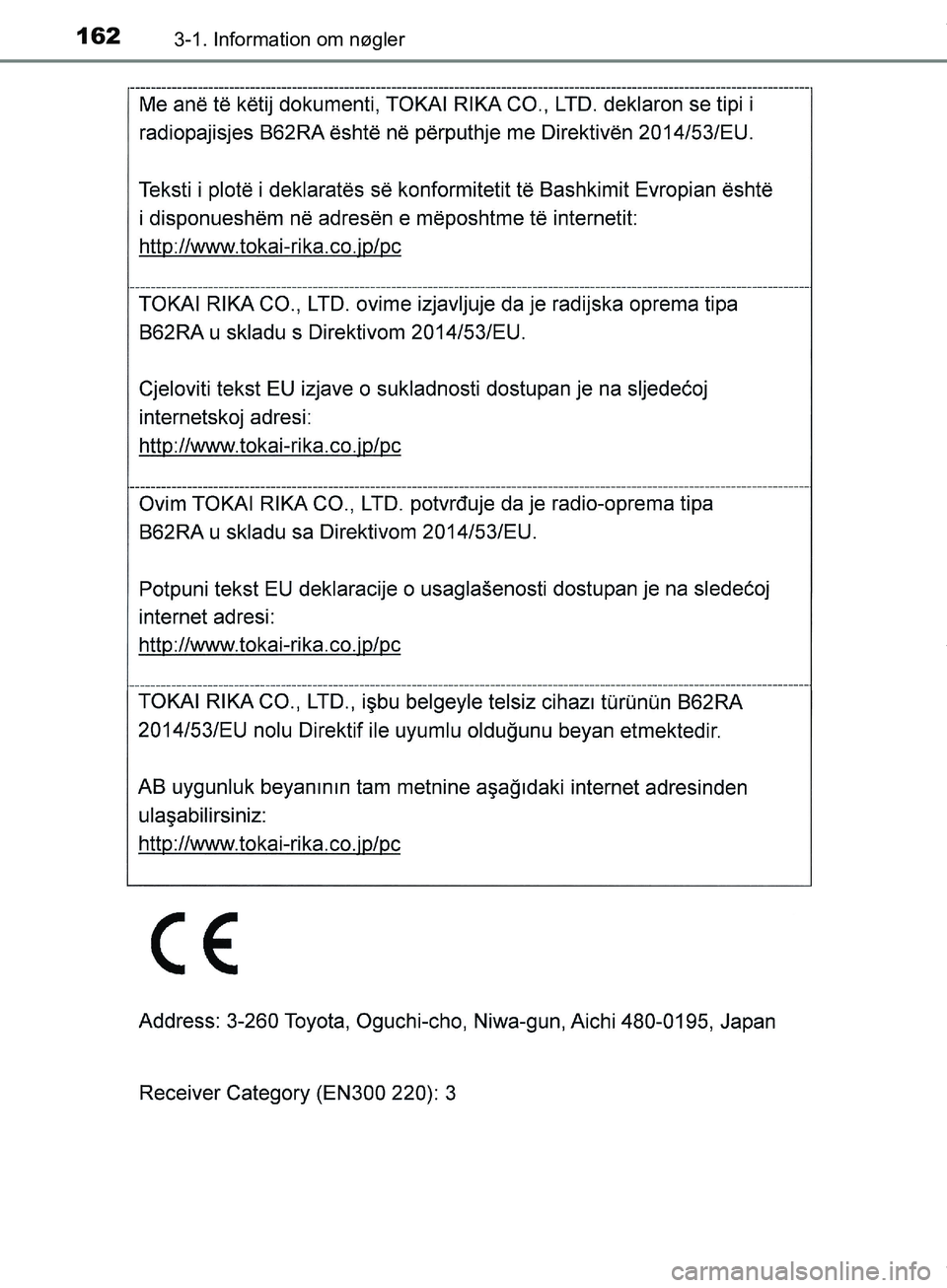TOYOTA HILUX 2019  Brugsanvisning (in Danish) 1623-1. Information om nøgler
Hilux OM0K375DK
OM0K375DK.book  Page 162  Monday, June 11, 2018  3:23 PM 