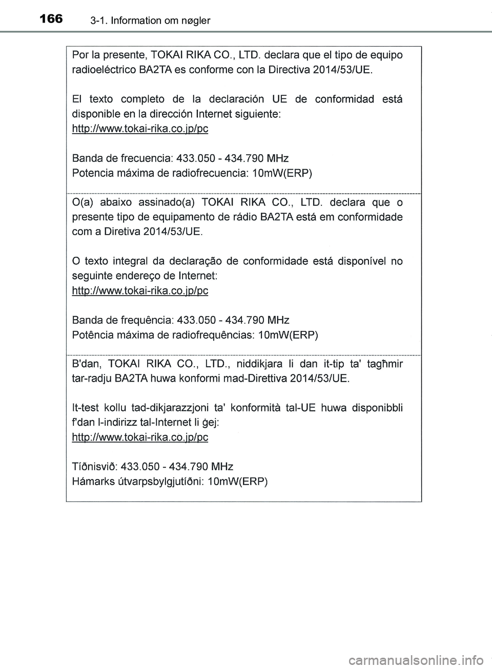TOYOTA HILUX 2019  Brugsanvisning (in Danish) 1663-1. Information om nøgler
Hilux OM0K375DK
OM0K375DK.book  Page 166  Monday, June 11, 2018  3:23 PM 