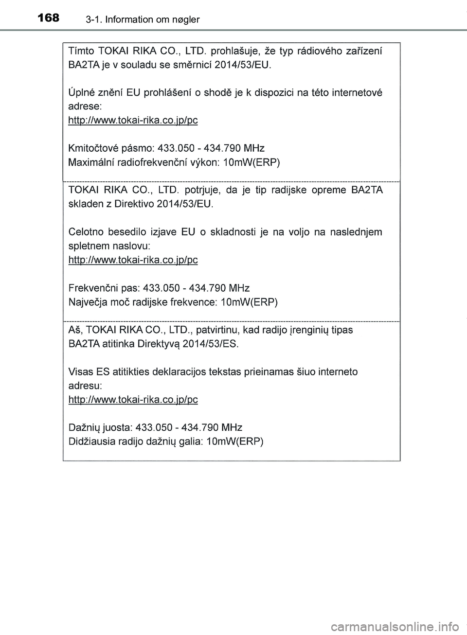 TOYOTA HILUX 2019  Brugsanvisning (in Danish) 1683-1. Information om nøgler
Hilux OM0K375DK
OM0K375DK.book  Page 168  Monday, June 11, 2018  3:23 PM 