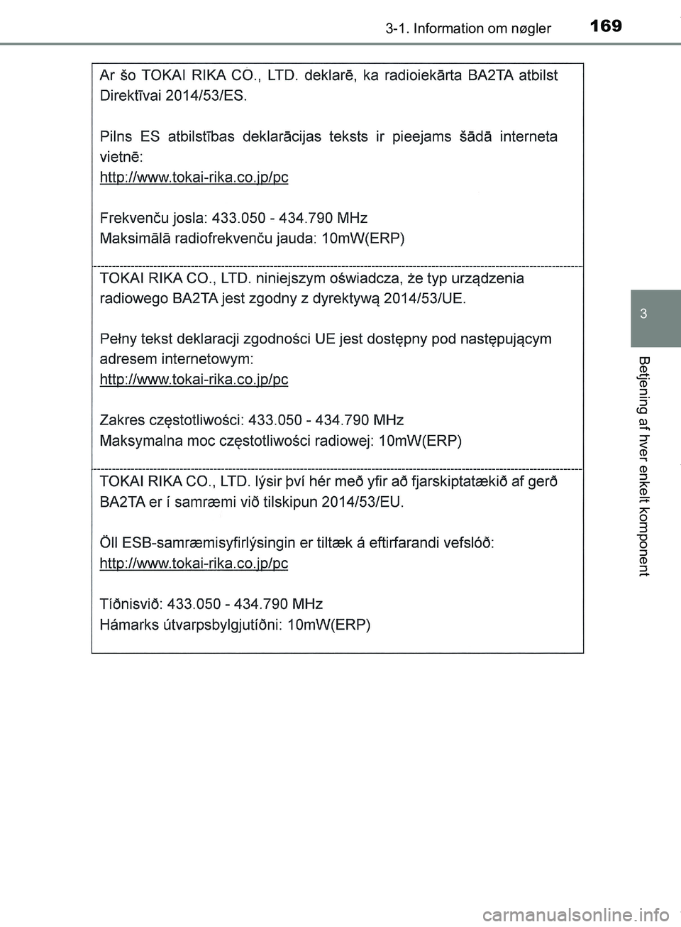 TOYOTA HILUX 2019  Brugsanvisning (in Danish) 1693-1. Information om nøgler
3
Betjening af hver enkelt komponent
Hilux OM0K375DK
OM0K375DK.book  Page 169  Monday, June 11, 2018  3:23 PM 