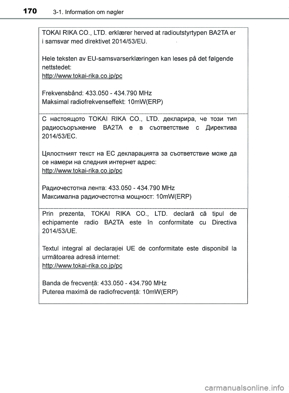 TOYOTA HILUX 2019  Brugsanvisning (in Danish) 1703-1. Information om nøgler
Hilux OM0K375DK
OM0K375DK.book  Page 170  Monday, June 11, 2018  3:23 PM 