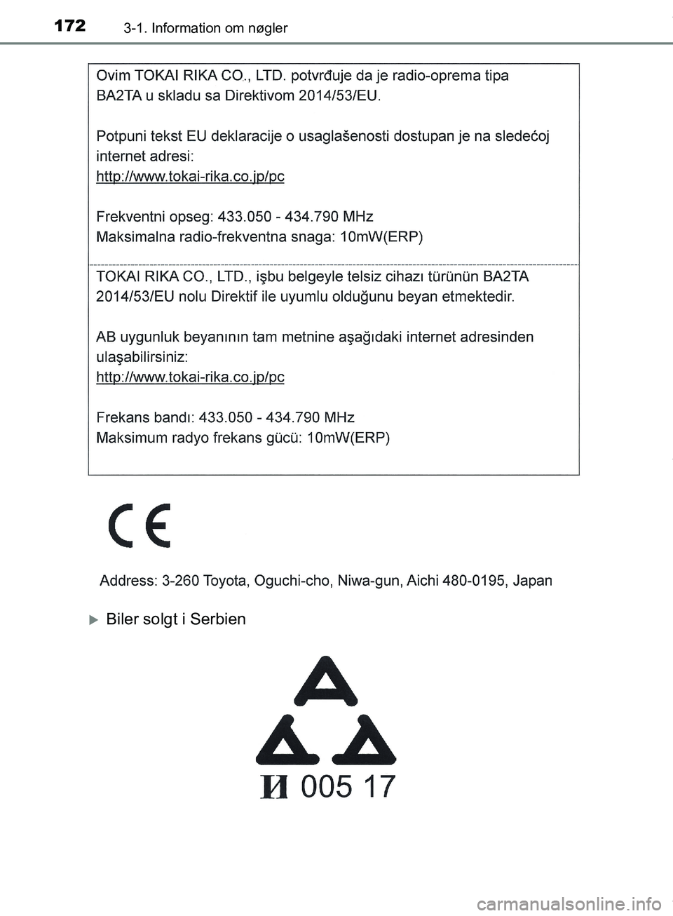 TOYOTA HILUX 2019 Brugsanvisning (in Danish) 1723-1. Information om nøgler
Hilux OM0K375DK
Biler solgt i Serbien
OM0K375DK.book Page 172 Monday, June 11, 2018 3:23 PM TOYOTA HILUX 2019 Brugsanvisning (in Danish) 1723-1. Information om nøgler
Hilux OM0K375DK
Biler solgt i Serbien
OM0K375DK.book Page 172 Monday, June 11, 2018 3:23 PM