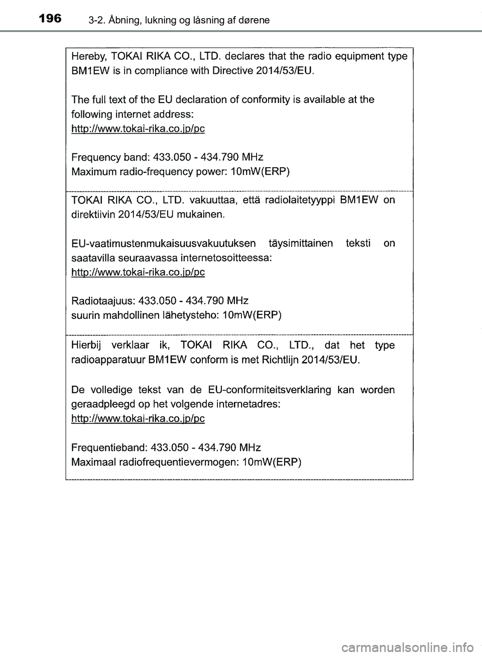 TOYOTA HILUX 2019  Brugsanvisning (in Danish) 1963-2. Åbning, lukning og låsning af dørene
Hilux OM0K375DK
OM0K375DK.book  Page 196  Monday, June 11, 2018  3:23 PM 