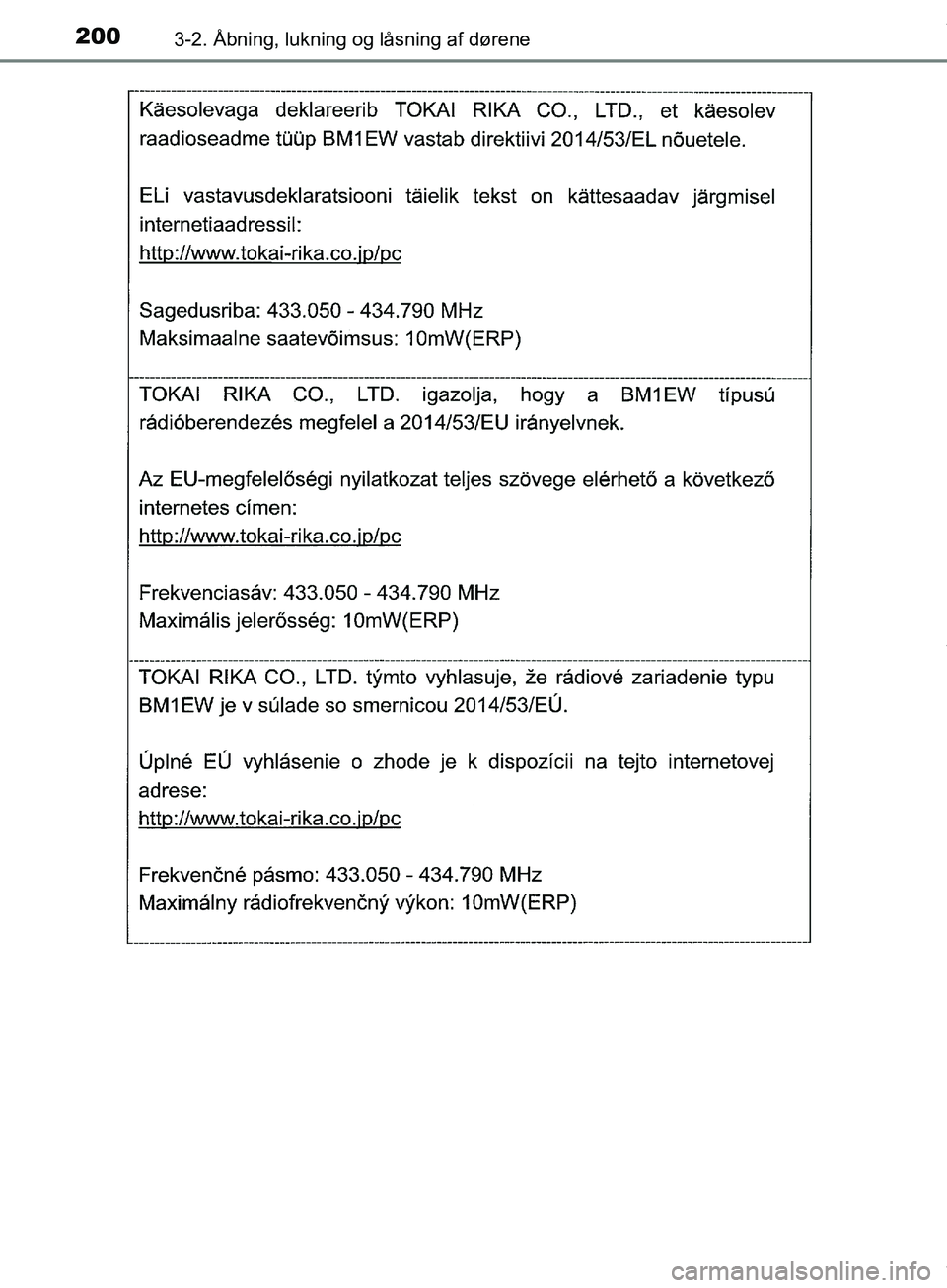 TOYOTA HILUX 2019  Brugsanvisning (in Danish) 2003-2. Åbning, lukning og låsning af dørene
Hilux OM0K375DK
OM0K375DK.book  Page 200  Monday, June 11, 2018  3:23 PM 