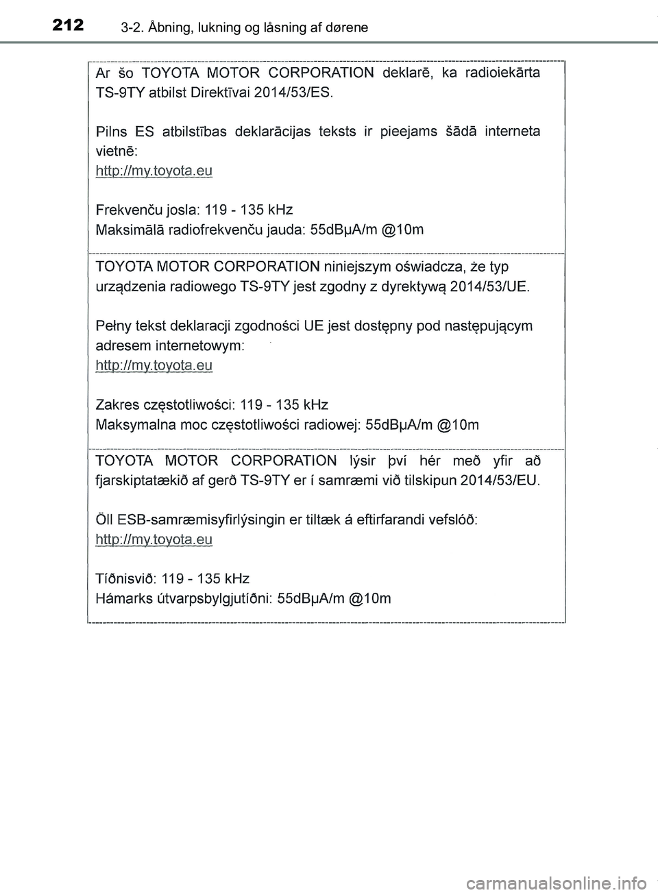 TOYOTA HILUX 2019  Brugsanvisning (in Danish) 2123-2. Åbning, lukning og låsning af dørene
Hilux OM0K375DK
OM0K375DK.book  Page 212  Monday, June 11, 2018  3:23 PM 