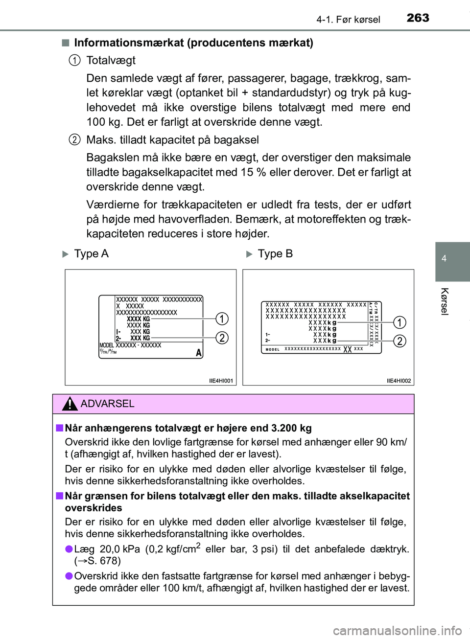 TOYOTA HILUX 2019  Brugsanvisning (in Danish) 2634-1. Før kørsel
4
Kørsel
Hilux OM0K375DKn
Informationsmærkat (producentens mærkat)
Totalvægt
Den samlede vægt af fører, passagerer, bagage, trækkrog, sam-
let køreklar vægt (optanket bil