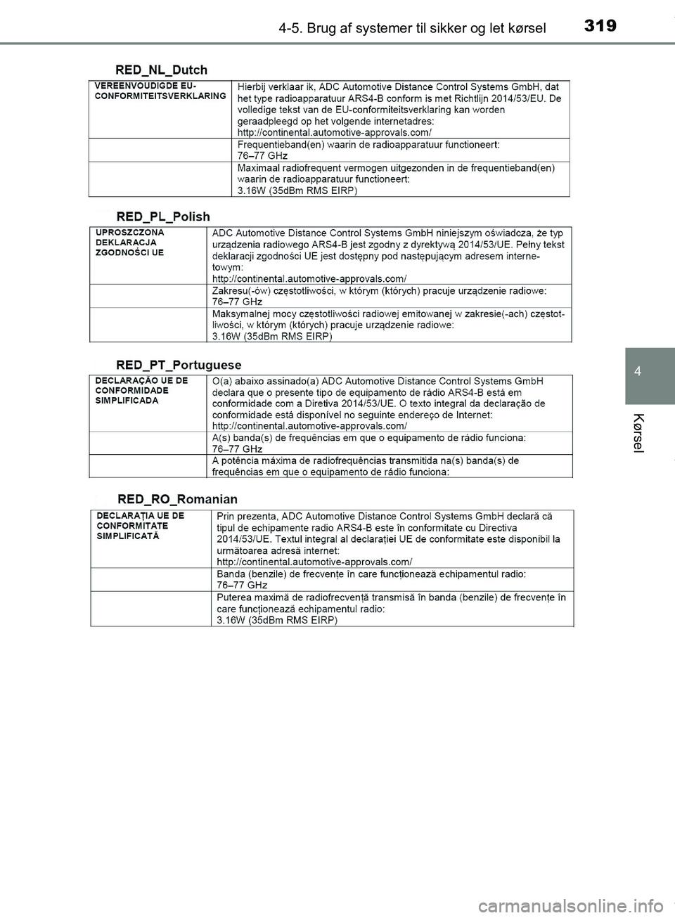 TOYOTA HILUX 2019  Brugsanvisning (in Danish) 3194-5. Brug af systemer til sikker og let kørsel
4
Kørsel
Hilux OM0K375DK
OM0K375DK.book  Page 319  Monday, June 11, 2018  3:23 PM 