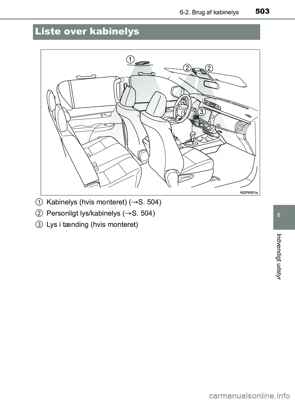 TOYOTA HILUX 2019  Brugsanvisning (in Danish) 5036-2. Brug af kabinelys
Hilux OM0K375DK
6
Indvendigt udstyr
Liste over kabinelys
Kabinelys (hvis monteret) (S. 504)
Personligt lys/kabinelys ( S. 504)
Lys i tænding (hvis monteret)1
2
3
OM0K3