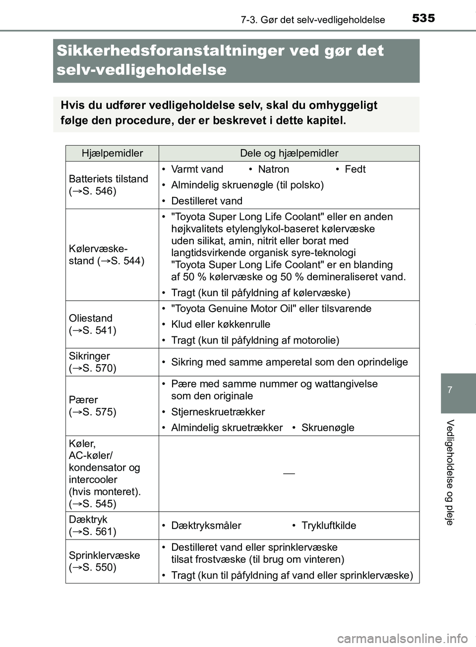 TOYOTA HILUX 2019  Brugsanvisning (in Danish) 5357-3. Gør det selv-vedligeholdelse
Hilux OM0K375DK
7
Vedligeholdelse og pleje
Sikkerhedsforanstaltninger ved gør det 
selv-vedligeholdelse
Hvis du udfører vedligeholdelse selv, skal du omhyggelig