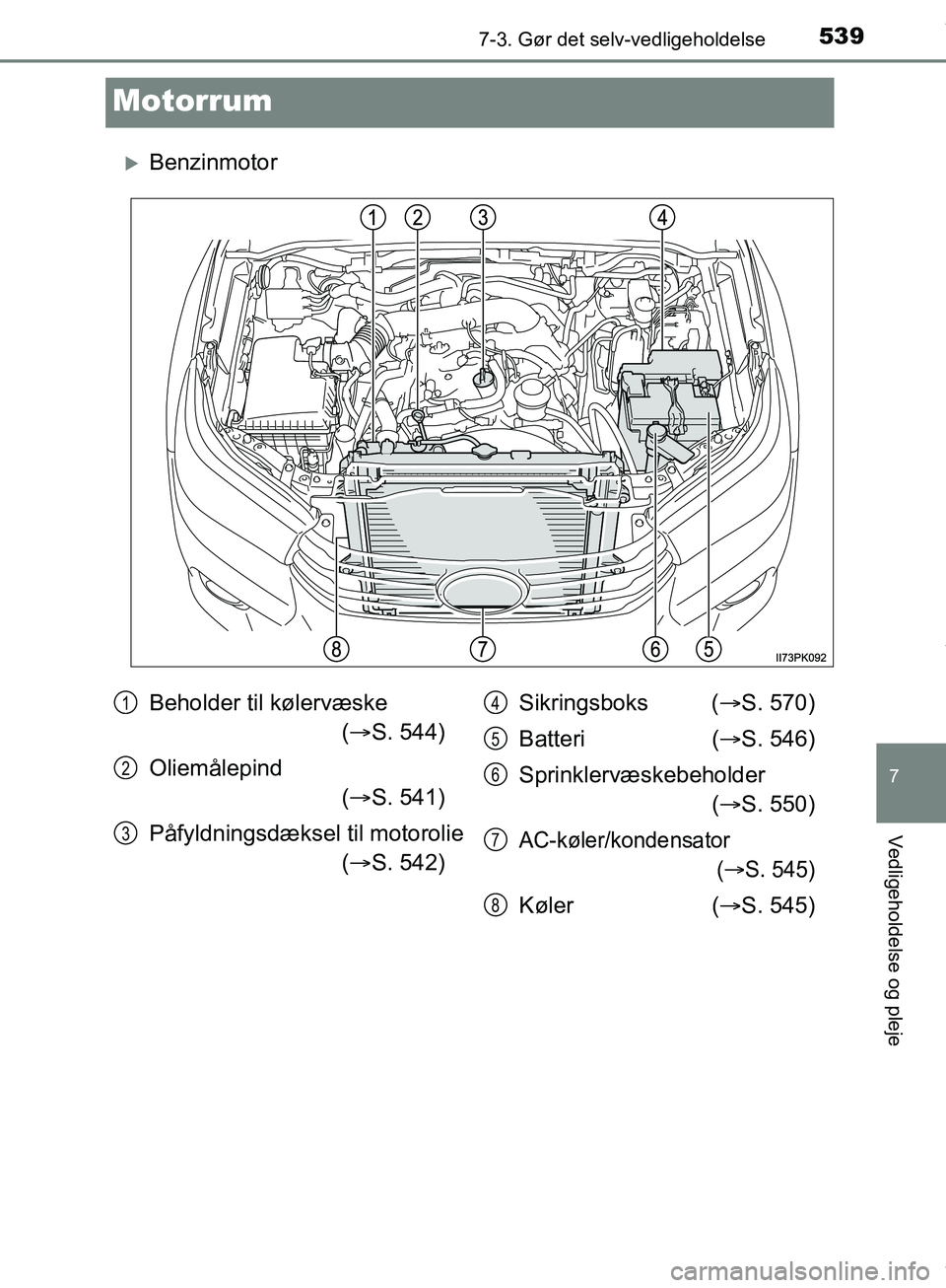 TOYOTA HILUX 2019  Brugsanvisning (in Danish) 5397-3. Gør det selv-vedligeholdelse
Hilux OM0K375DK
7
Vedligeholdelse og pleje
Motorrum
Benzinmotor
Beholder til kølervæske ( S. 544)
Oliemålepind   ( S. 541)
Påfyldningsdæksel til mot