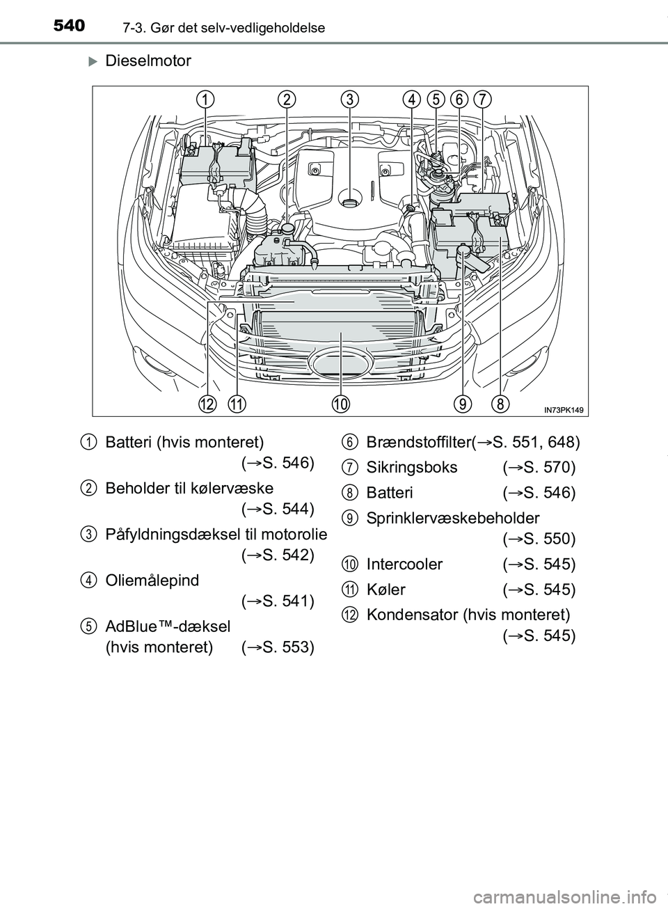 TOYOTA HILUX 2019  Brugsanvisning (in Danish) 5407-3. Gør det selv-vedligeholdelse
Hilux OM0K375DK
Dieselmotor
Batteri (hvis monteret) ( S. 546)
Beholder til kølervæske  ( S. 544)
Påfyldningsdæksel til motorolie ( S. 542)
Oliemå