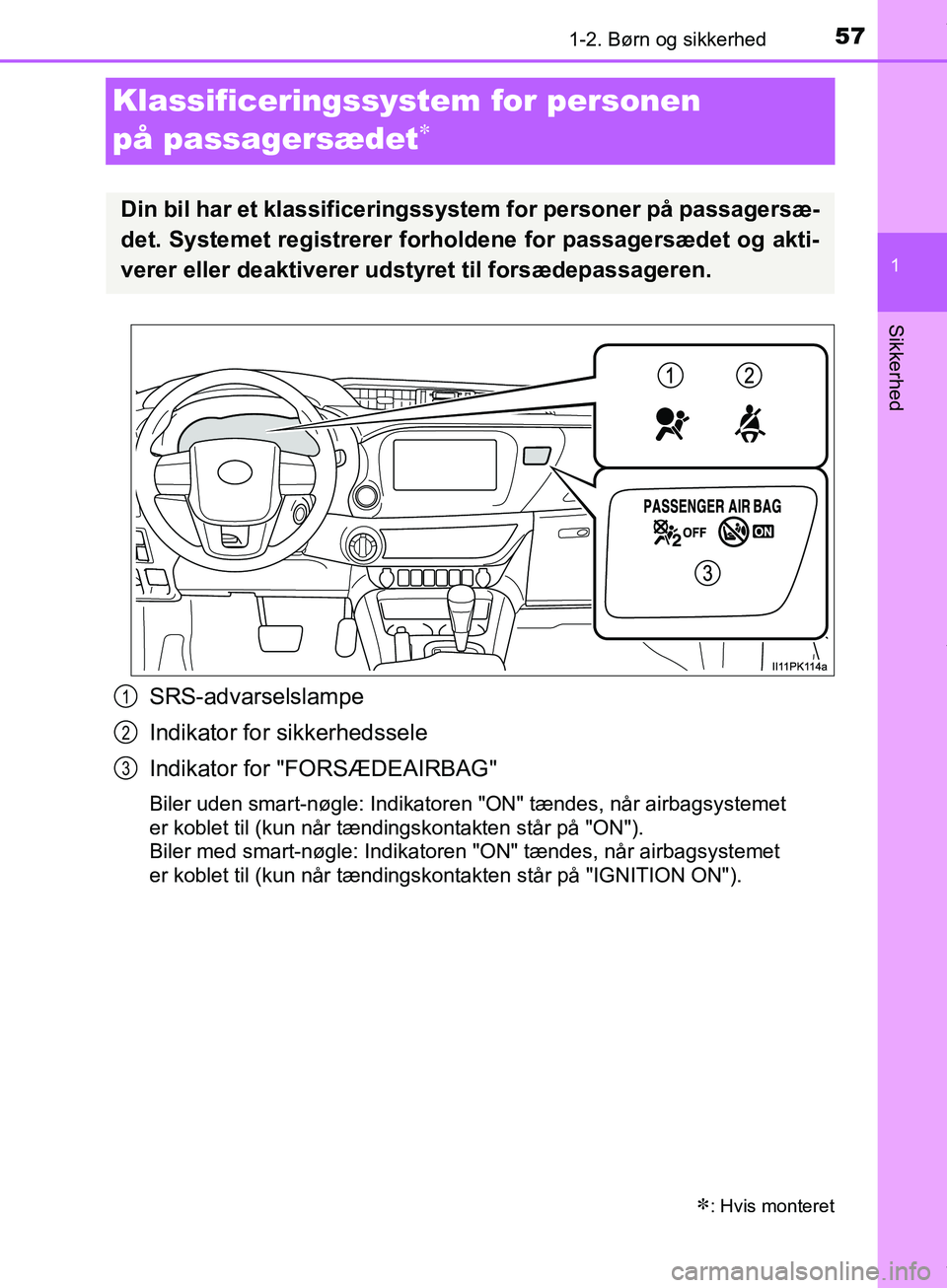 TOYOTA HILUX 2019 Brugsanvisning (in Danish) 571-2. Børn og sikkerhed
1
Hilux OM0K375DK
Sikkerhed
Klassificeringssystem for personen
på passagersædet
SRS-advarselslampe
Indikator for sikkerhedssele
Indikator for "FORSÆDEAIRBAG"
Biler ud TOYOTA HILUX 2019 Brugsanvisning (in Danish) 571-2. Børn og sikkerhed
1
Hilux OM0K375DK
Sikkerhed
Klassificeringssystem for personen
på passagersædet
SRS-advarselslampe
Indikator for sikkerhedssele
Indikator for "FORSÆDEAIRBAG"
Biler ud