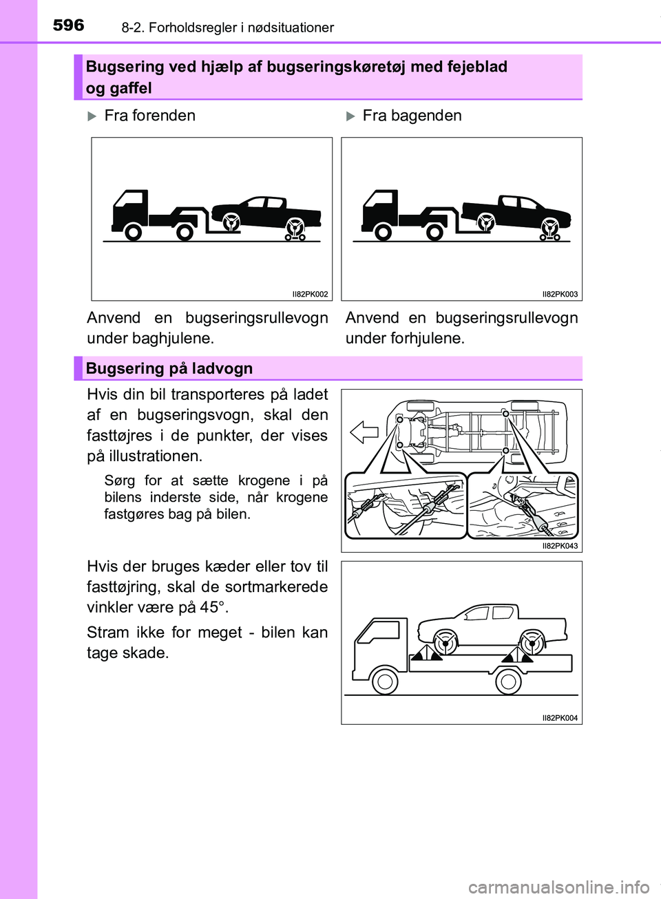 TOYOTA HILUX 2019  Brugsanvisning (in Danish) 5968-2. Forholdsregler i nødsituationer
Hilux OM0K375DK
Hvis din bil transporteres på ladet
af en bugseringsvogn, skal den
fasttøjres i de punkter, der vises
på illustrationen. 
Sørg for at sætt