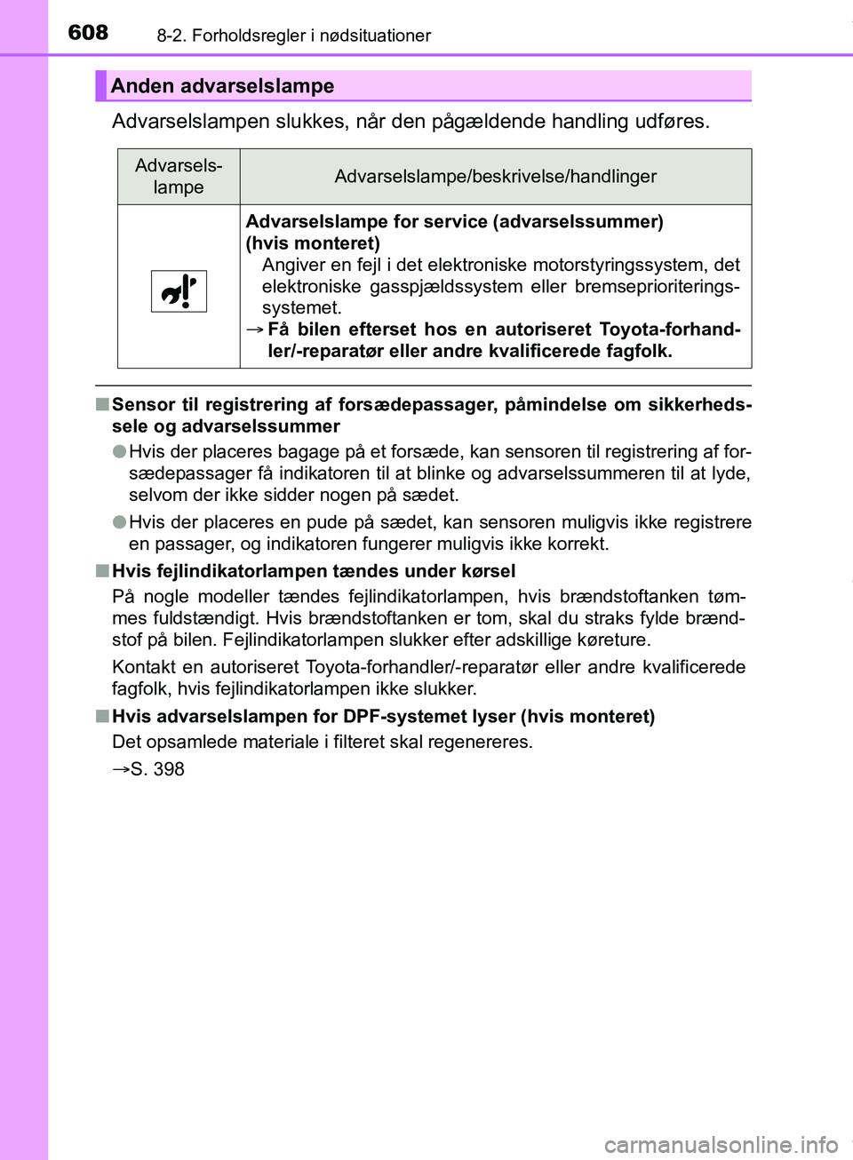 TOYOTA HILUX 2019 Brugsanvisning (in Danish) 6088-2. Forholdsregler i nødsituationer
Hilux OM0K375DK
Advarselslampen slukkes, når den pågældende handling udføres.
nSensor til registrering af fors ædepassager, påmindelse om sikkerheds-
sel TOYOTA HILUX 2019 Brugsanvisning (in Danish) 6088-2. Forholdsregler i nødsituationer
Hilux OM0K375DK
Advarselslampen slukkes, når den pågældende handling udføres.
nSensor til registrering af fors ædepassager, påmindelse om sikkerheds-
sel