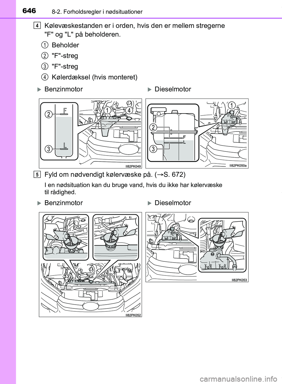 TOYOTA HILUX 2019  Brugsanvisning (in Danish) 6468-2. Forholdsregler i nødsituationer
Hilux OM0K375DK
Kølevæskestanden er i orden, hvis den er mellem stregerne 
"F" og "L" på beholderen.
Beholder
"F"-streg
"F"-streg
Kølerdæksel (hvis monter
