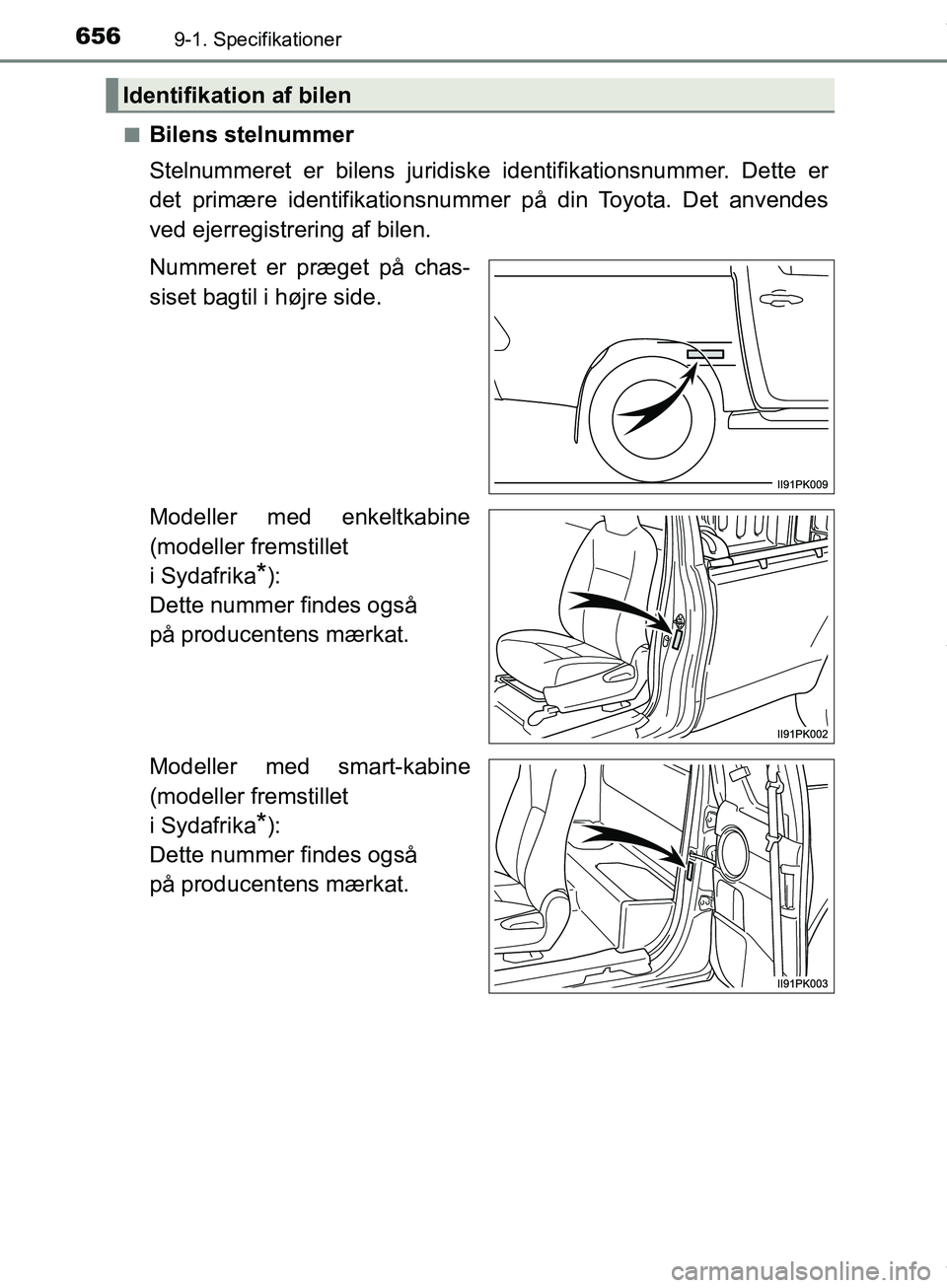 TOYOTA HILUX 2019  Brugsanvisning (in Danish) 6569-1. Specifikationer
Hilux OM0K375DKn
Bilens stelnummer
Stelnummeret er bilens juridiske identifikationsnummer. Dette er
det primære identifikationsnummer på din Toyota. Det anvendes
ved ejerregi